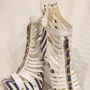 Red Kiss 6" Blue and White Strappy Platform Heels Size 9 Never worn